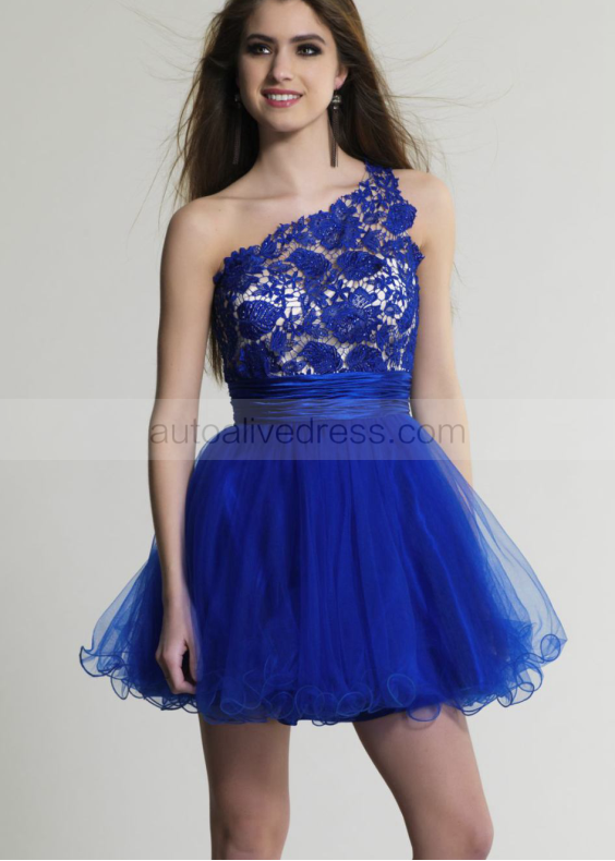 Royal Blue Tulle Lace One Shoulder Knee Length Prom Dress